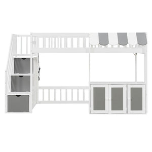 English Elm Twin Playhouse Loft Bed with LED Lighting Storage Steps and Under Cabin Cabinets White+Gray N820S00093E