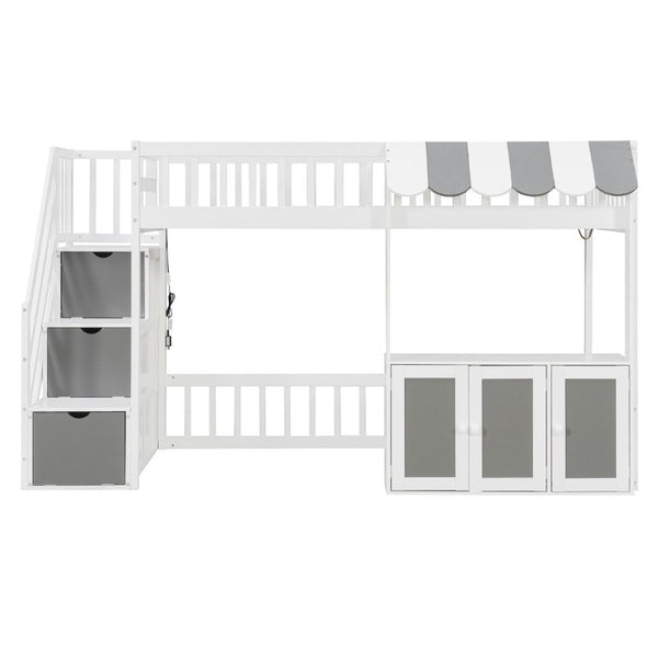 English Elm Twin Playhouse Loft Bed with LED Lighting Storage Steps and Under Cabin Cabinets White+Gray N820S00093E