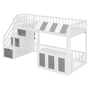 English Elm Twin Playhouse Loft Bed with LED Lighting Storage Steps and Under Cabin Cabinets White+Gray N820S00093E