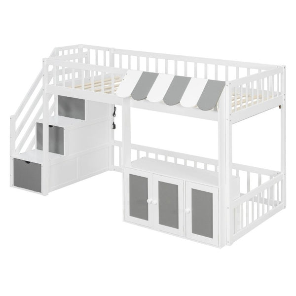English Elm Twin Playhouse Loft Bed with LED Lighting Storage Steps and Under Cabin Cabinets White+Gray N820S00093E