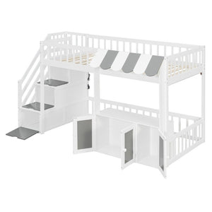 English Elm Twin Playhouse Loft Bed with LED Lighting Storage Steps and Under Cabin Cabinets White+Gray N820S00093E