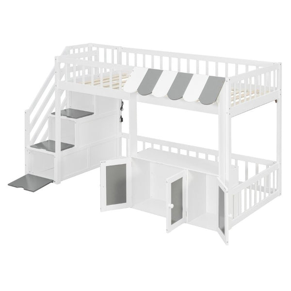 English Elm Twin Playhouse Loft Bed with LED Lighting Storage Steps and Under Cabin Cabinets White+Gray N820S00093E
