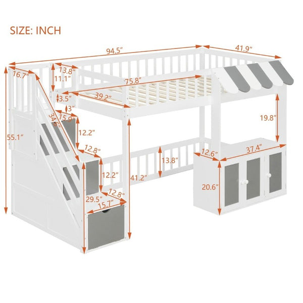 English Elm Twin Playhouse Loft Bed with LED Lighting Storage Steps and Under Cabin Cabinets White+Gray N820S00093E