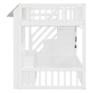 English Elm Twin Playhouse Loft Bed with LED Lighting Storage Steps and Under Cabin Cabinets White+Gray N820S00093E