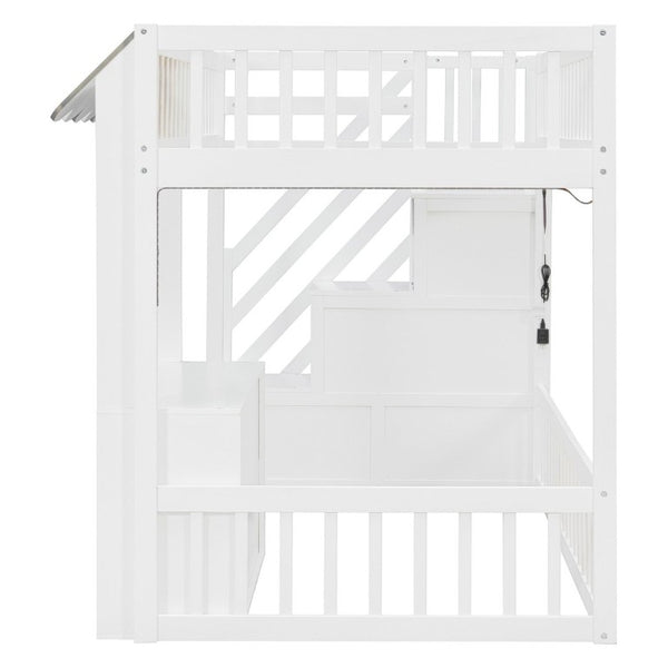 English Elm Twin Playhouse Loft Bed with LED Lighting Storage Steps and Under Cabin Cabinets White+Gray N820S00093E