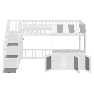 English Elm Twin Playhouse Loft Bed with LED Lighting Storage Steps and Under Cabin Cabinets White+Gray N820S00093E