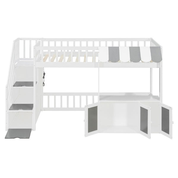 English Elm Twin Playhouse Loft Bed with LED Lighting Storage Steps and Under Cabin Cabinets White+Gray N820S00093E