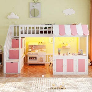 English Elm Twin Playhouse Loft Bed with LED Lighting Storage Steps and Under Cabin Cabinets White+Pink N820S00093H