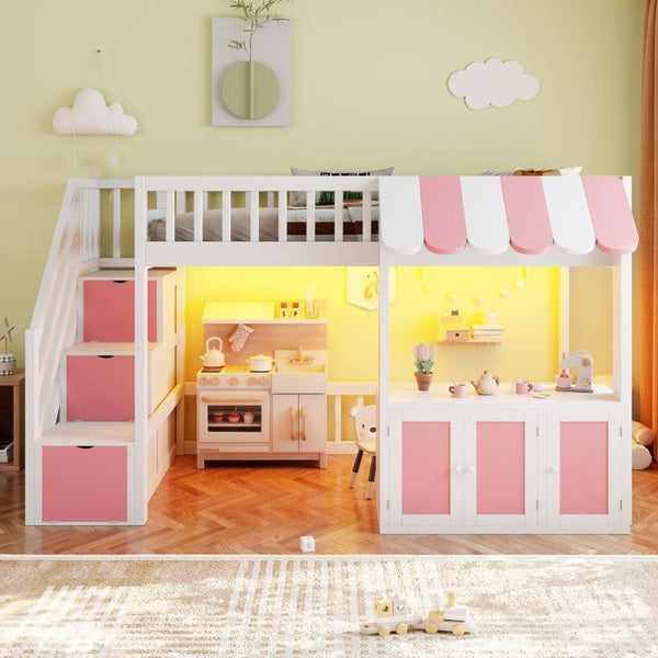 English Elm Twin Playhouse Loft Bed with LED Lighting Storage Steps and Under Cabin Cabinets White+Pink N820S00093H