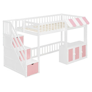 English Elm Twin Playhouse Loft Bed with LED Lighting Storage Steps and Under Cabin Cabinets White+Pink N820S00093H
