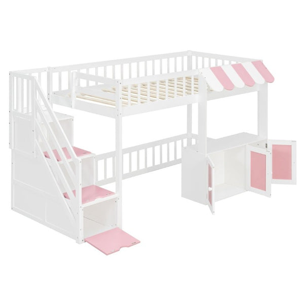 English Elm Twin Playhouse Loft Bed with LED Lighting Storage Steps and Under Cabin Cabinets White+Pink N820S00093H