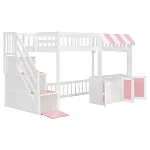 English Elm Twin Playhouse Loft Bed with LED Lighting Storage Steps and Under Cabin Cabinets White+Pink N820S00093H