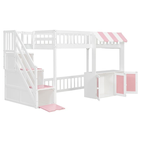 English Elm Twin Playhouse Loft Bed with LED Lighting Storage Steps and Under Cabin Cabinets White+Pink N820S00093H