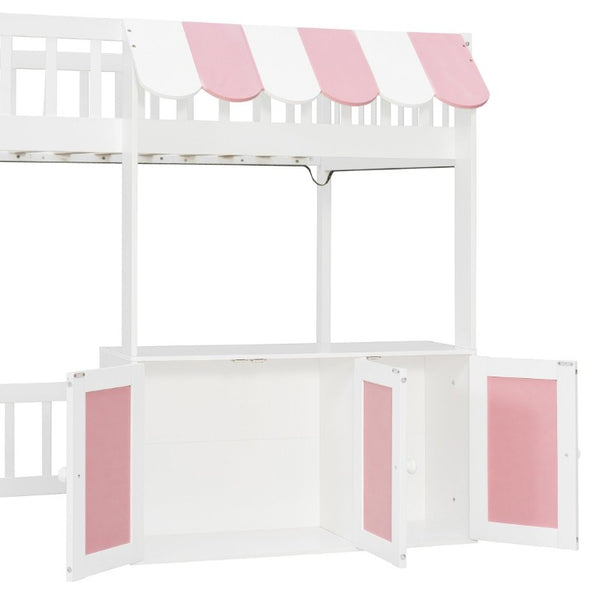 English Elm Twin Playhouse Loft Bed with LED Lighting Storage Steps and Under Cabin Cabinets White+Pink N820S00093H