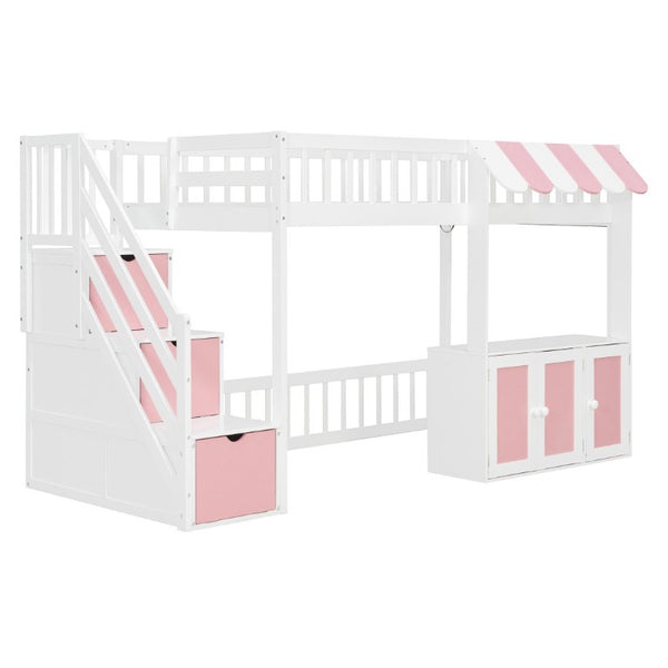English Elm Twin Playhouse Loft Bed with LED Lighting Storage Steps and Under Cabin Cabinets White+Pink N820S00093H
