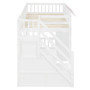 English Elm Twin Playhouse Loft Bed with LED Lighting Storage Steps and Under Cabin Cabinets White+Pink N820S00093H