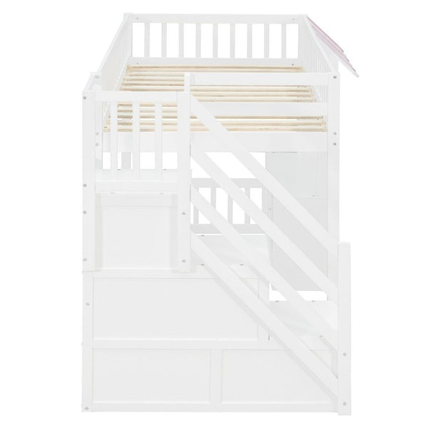English Elm Twin Playhouse Loft Bed with LED Lighting Storage Steps and Under Cabin Cabinets White+Pink N820S00093H