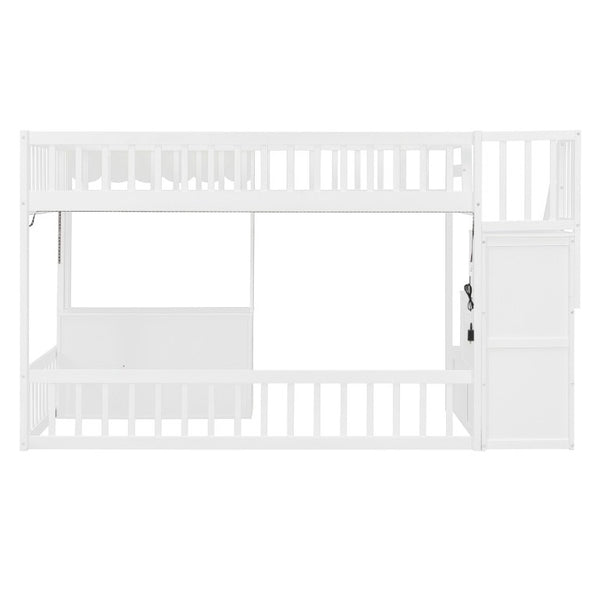 English Elm Twin Playhouse Loft Bed with LED Lighting Storage Steps and Under Cabin Cabinets White+Pink N820S00093H