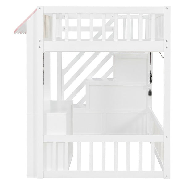English Elm Twin Playhouse Loft Bed with LED Lighting Storage Steps and Under Cabin Cabinets White+Pink N820S00093H