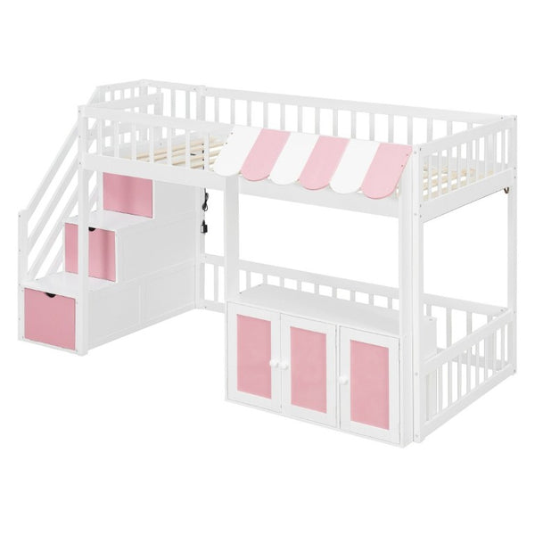 English Elm Twin Playhouse Loft Bed with LED Lighting Storage Steps and Under Cabin Cabinets White+Pink N820S00093H