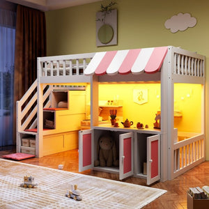 English Elm Twin Playhouse Loft Bed with LED Lighting Storage Steps and Under Cabin Cabinets White+Pink N820S00093H