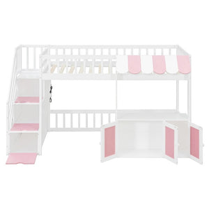 English Elm Twin Playhouse Loft Bed with LED Lighting Storage Steps and Under Cabin Cabinets White+Pink N820S00093H
