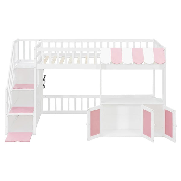 English Elm Twin Playhouse Loft Bed with LED Lighting Storage Steps and Under Cabin Cabinets White+Pink N820S00093H