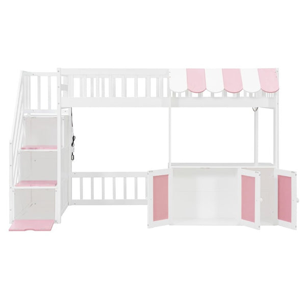 English Elm Twin Playhouse Loft Bed with LED Lighting Storage Steps and Under Cabin Cabinets White+Pink N820S00093H