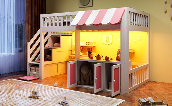 English Elm Twin Playhouse Loft Bed with LED Lighting Storage Steps and Under Cabin Cabinets White+Pink N820S00093H