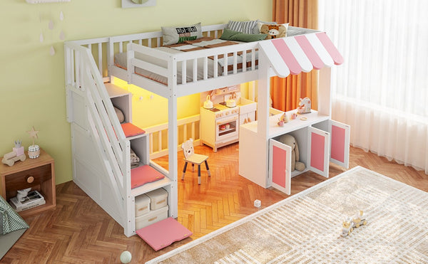 English Elm Twin Playhouse Loft Bed with LED Lighting Storage Steps and Under Cabin Cabinets White+Pink N820S00093H
