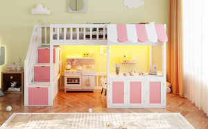 English Elm Twin Playhouse Loft Bed with LED Lighting Storage Steps and Under Cabin Cabinets White+Pink N820S00093H