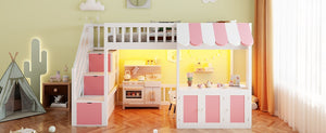 English Elm Twin Playhouse Loft Bed with LED Lighting Storage Steps and Under Cabin Cabinets White+Pink N820S00093H