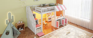 English Elm Twin Playhouse Loft Bed with LED Lighting Storage Steps and Under Cabin Cabinets White+Pink N820S00093H