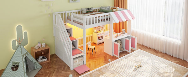 English Elm Twin Playhouse Loft Bed with LED Lighting Storage Steps and Under Cabin Cabinets White+Pink N820S00093H