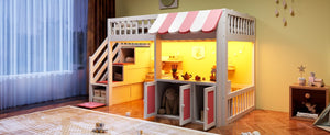 English Elm Twin Playhouse Loft Bed with LED Lighting Storage Steps and Under Cabin Cabinets White+Pink N820S00093H