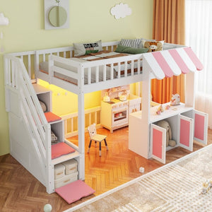 English Elm Twin Playhouse Loft Bed with LED Lighting Storage Steps and Under Cabin Cabinets White+Pink N820S00093H