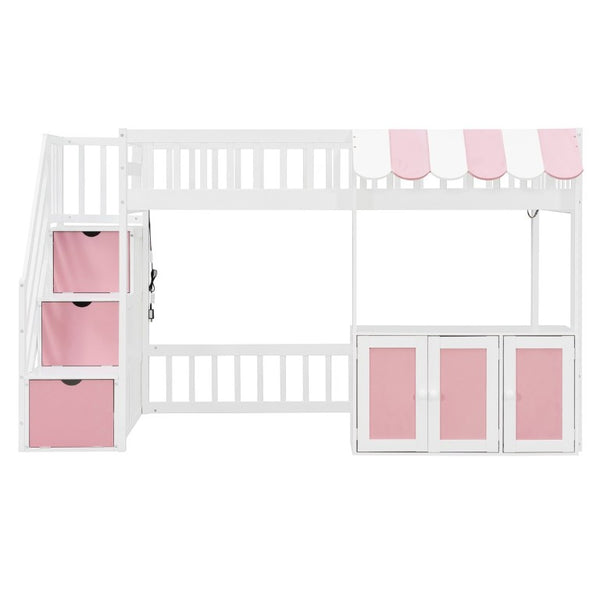 English Elm Twin Playhouse Loft Bed with LED Lighting Storage Steps and Under Cabin Cabinets White+Pink N820S00093H
