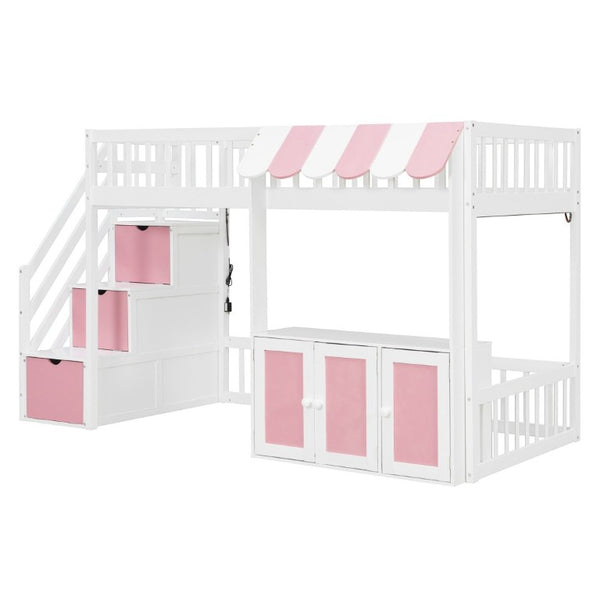 English Elm Twin Playhouse Loft Bed with LED Lighting Storage Steps and Under Cabin Cabinets White+Pink N820S00093H