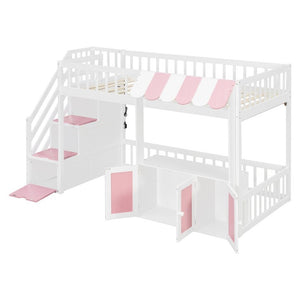 English Elm Twin Playhouse Loft Bed with LED Lighting Storage Steps and Under Cabin Cabinets White+Pink N820S00093H