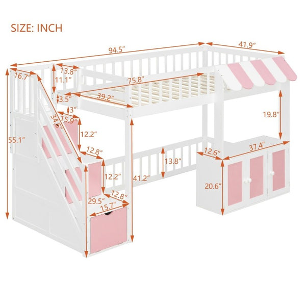 English Elm Twin Playhouse Loft Bed with LED Lighting Storage Steps and Under Cabin Cabinets White+Pink N820S00093H
