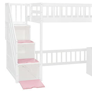 English Elm Twin Playhouse Loft Bed with LED Lighting Storage Steps and Under Cabin Cabinets White+Pink N820S00093H