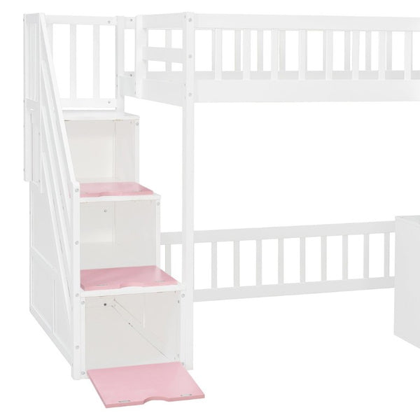 English Elm Twin Playhouse Loft Bed with LED Lighting Storage Steps and Under Cabin Cabinets White+Pink N820S00093H