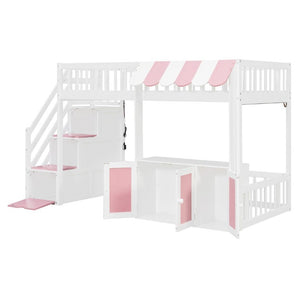 English Elm Twin Playhouse Loft Bed with LED Lighting Storage Steps and Under Cabin Cabinets White+Pink N820S00093H