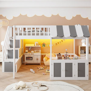 English Elm Full Size Playhouse Loft Bed with LED Lighting Storage Steps and Under Cabin White+Gray N820S00094E