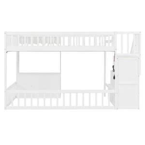 English Elm Full Size Playhouse Loft Bed with LED Lighting Storage Steps and Under Cabin White+Gray N820S00094E