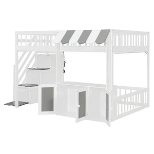 English Elm Full Size Playhouse Loft Bed with LED Lighting Storage Steps and Under Cabin White+Gray N820S00094E