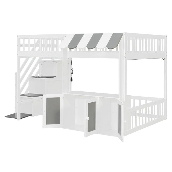 English Elm Full Size Playhouse Loft Bed with LED Lighting Storage Steps and Under Cabin White+Gray N820S00094E