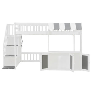 English Elm Full Size Playhouse Loft Bed with LED Lighting Storage Steps and Under Cabin White+Gray N820S00094E