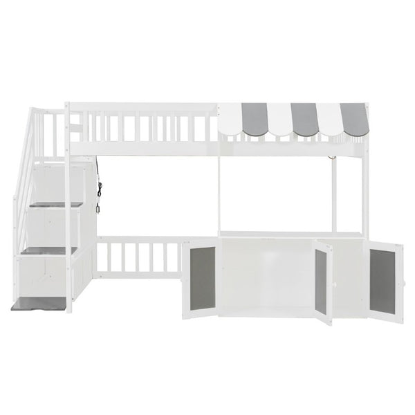 English Elm Full Size Playhouse Loft Bed with LED Lighting Storage Steps and Under Cabin White+Gray N820S00094E