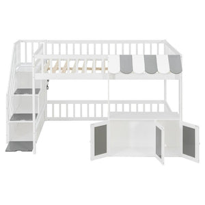 English Elm Full Size Playhouse Loft Bed with LED Lighting Storage Steps and Under Cabin White+Gray N820S00094E